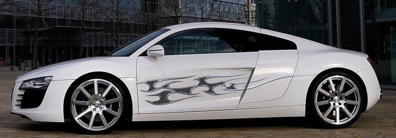 metal style flame vinyl decal on white audi sports car